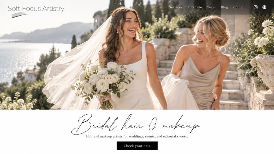 Makeup artist website design, coastal bridal team with a script headline: sunlit photo of a bride and bridesmaid on steps by the sea, a black script headline on white below, a black button