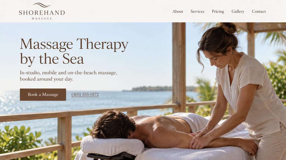 Massage therapist website design, seaside massage in studio, mobile or on the beach: light page, a slate serif headline beside a photo of a therapist massaging a man on a deck above the sea, a brown button
