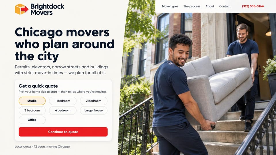 Moving company website design, city apartment movers with a home size picker: off-white page, a large navy headline, a quote card of rounded home size buttons with a red button, two smiling movers carrying a gray sofa down stone front steps with iron railings