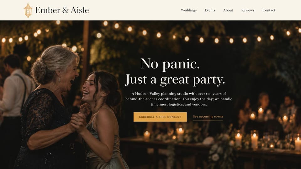 Event planner website design, party planner with a dance floor moment: dark photo of two women laughing and dancing under string lights, centered white serif headline, gold consult button
