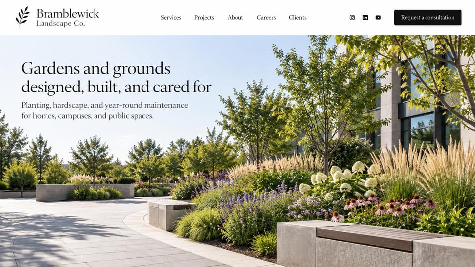 Landscaping website design, gardens and grounds for campuses: white header, a planted campus walkway with concrete benches and a glass building, a black serif headline