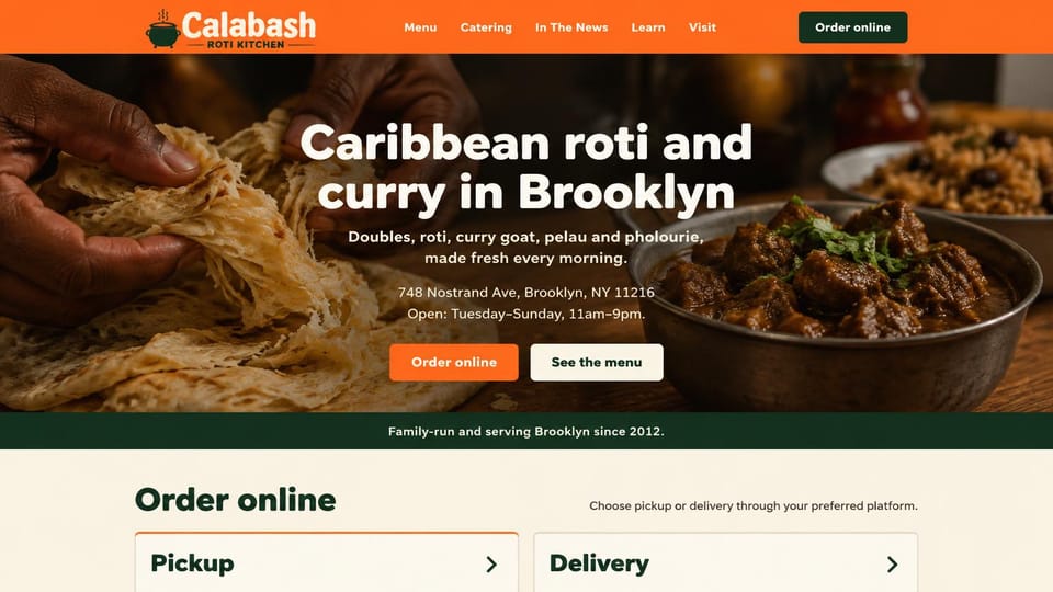Restaurant website design, caribbean takeout with order buttons first: orange header, roti and curry under a bold white headline, cream pickup and delivery cards below