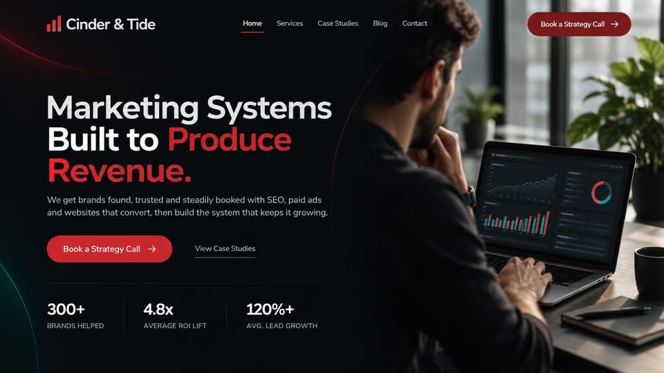 Marketing agency website design, sEO and paid ads agency in black and red: near-black page, a white and red headline, a red button, three figures and a man at a laptop with charts
