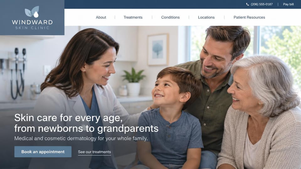 Medical practice website design, family dermatology for every age: photo of a dermatologist smiling at a boy with his father and grandmother, white headline at the bottom left, slate blue logo block and button