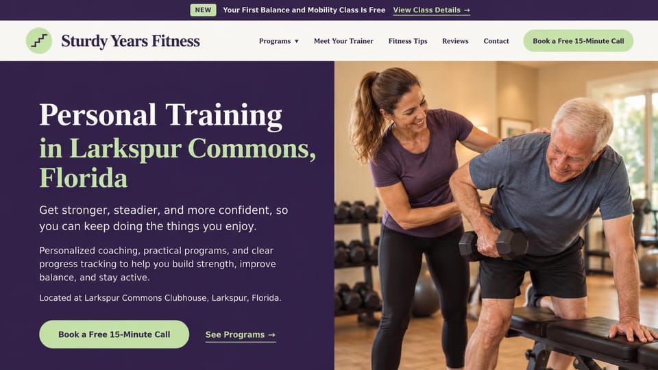 Personal trainer website design, balance and strength coaching for older adults in purple: purple offer strip and cream menu bar, a deep purple panel with a cream serif headline, a pale green call button, a trainer guiding an older man through a dumbbell lunge in a gym
