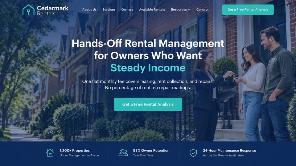 Property management website design, hands-off rental management for income-minded owners: blue overlay on a brick townhouse street where an agent hands keys to a couple, a white and aqua headline and a navy stats strip