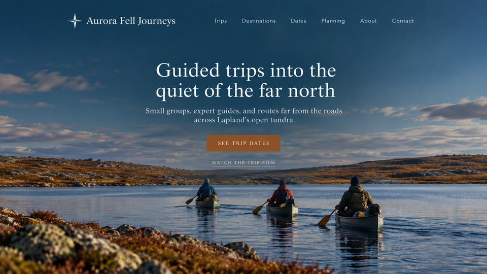 Travel agency website design, northern canoe trips with a trip film: deep blue sky over tundra, three canoeists on a calm lake, centered white serif headline, orange dates button and a film link