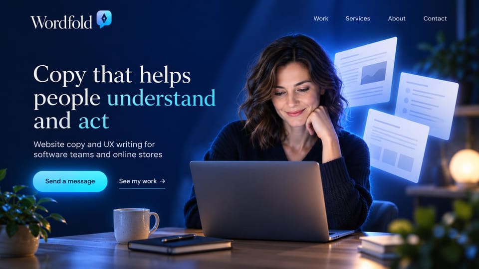 Writer website design, website and UX copy studio in glowing navy: dark navy page, a white and cyan serif headline, a glowing cyan button and a woman at a laptop with floating page cards