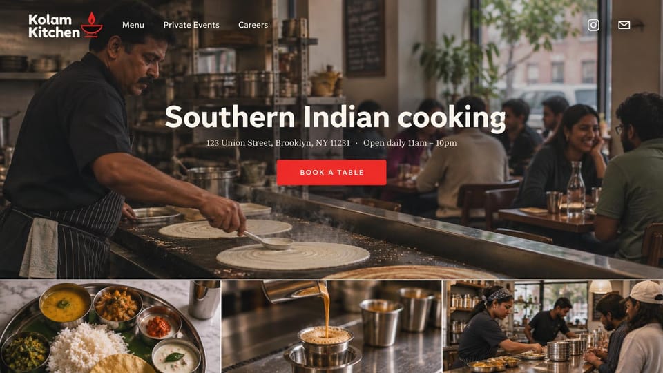 Restaurant website design, south Indian with a strip of photos: a cook making dosa in a busy dining room, white headline and red button, three photos below