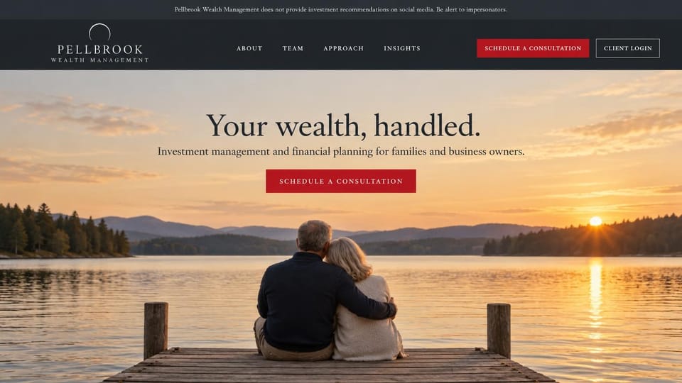 Financial advisor website design, wealth management with a couple watching the sunset: dark header with a notice, an older couple hugging on a dock at sunset seen from behind, centered dark serif headline and red button