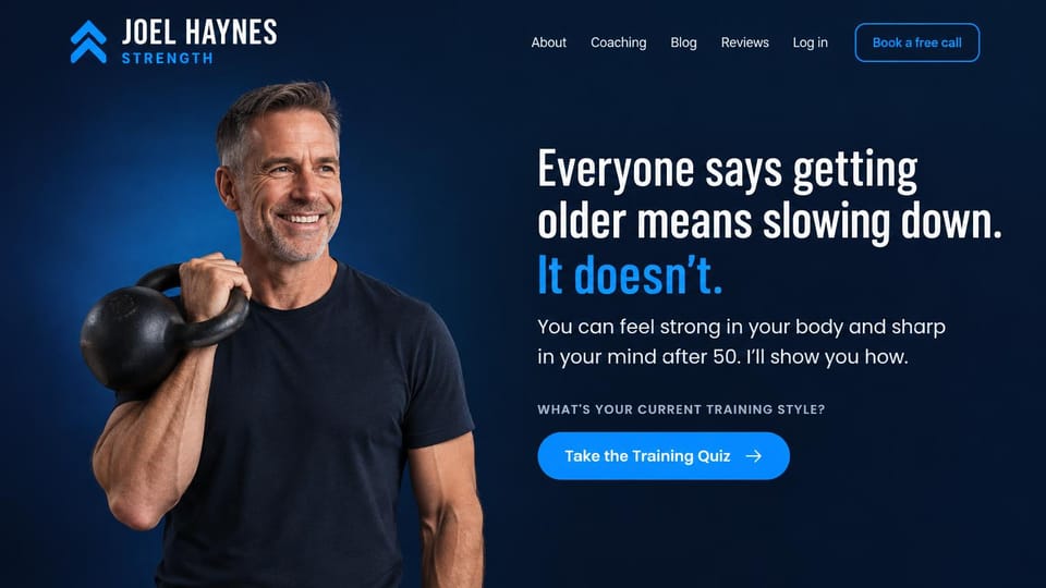 Personal trainer website design, strength after 50 with a training quiz: deep blue page, a condensed white and blue headline, a blue quiz button, a smiling gray-haired man with a kettlebell on his shoulder