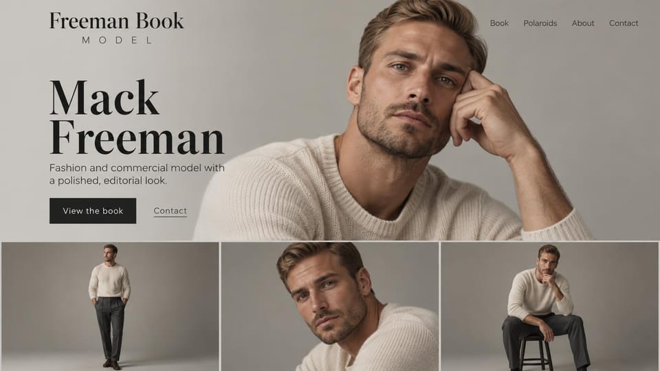 Model portfolio website design, male model with a big close-up and a polished pitch: warm gray page, a large dark serif name, a dark book button, a close-up of a man in a cream sweater with his hand at his temple and three photos below