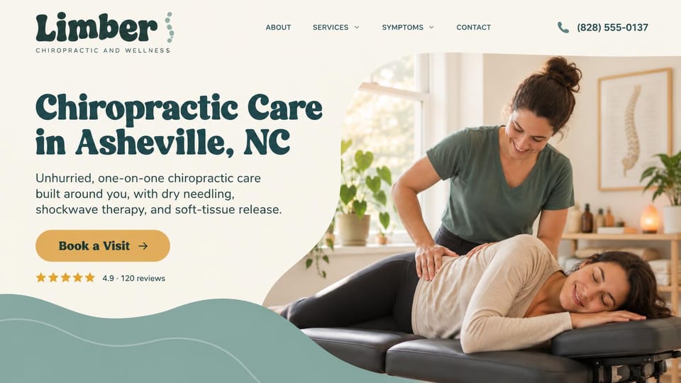 Chiropractor website design, chiropractic and wellness with extra therapies: cream page, a dark teal headline and gold button, a curved photo of a practitioner treating a woman on her side, a sage wave along the bottom