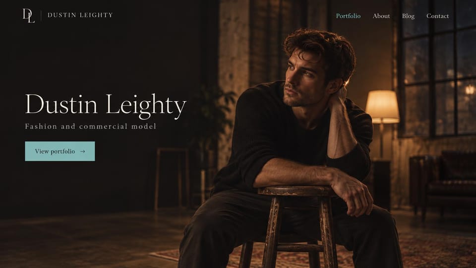 Model portfolio website design, male model in a lamp-lit loft: dark warm brown loft, a man in a black sweater leaning on a wooden stool by a lamp, a large white serif name and a teal portfolio button