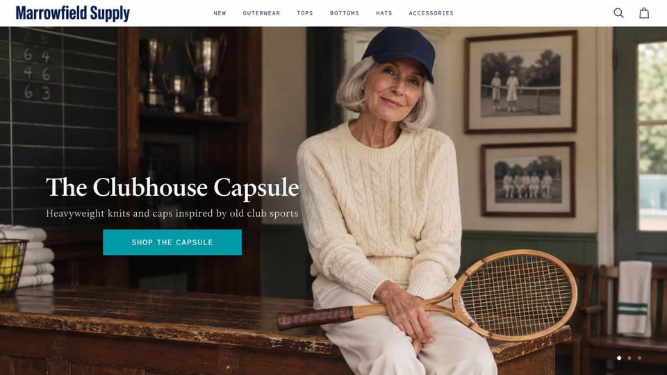 Fashion website design, heritage knits and caps in an old tennis clubhouse: white header with a navy condensed logo, an older woman in a navy cap and cream cable knit holding a wooden racket in a clubhouse with trophies, a white serif headline and a teal button
