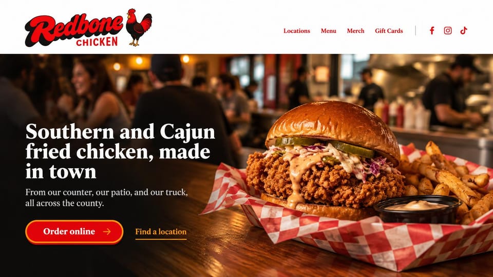 Restaurant website design, fried chicken counter with order online: white header with a red rooster logo over a fried chicken sandwich and a red order button