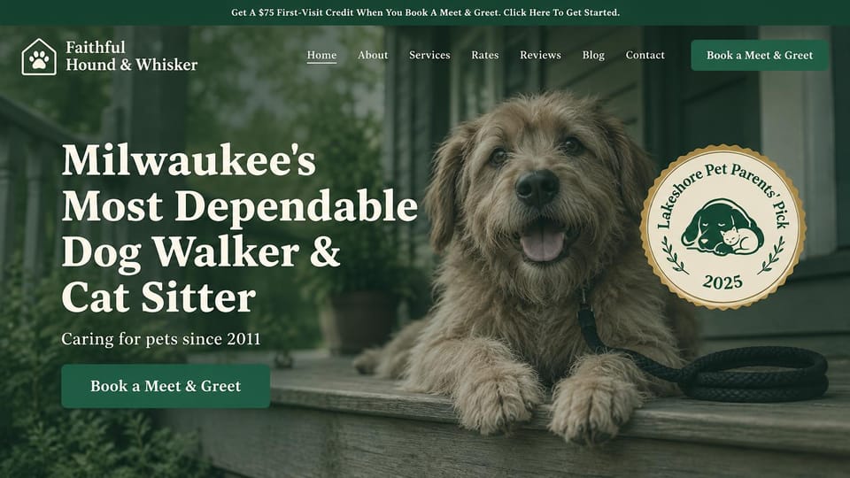 Pet business website design, dog walking and cat sitting with an award badge: dark green photo of a shaggy dog on a porch with its leash, a cream serif headline, a round award badge and a green button