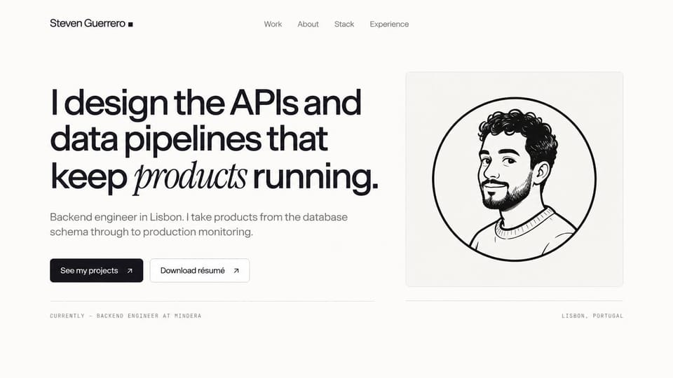 Personal website design, backend engineer with a sketched portrait: off-white page, a large black headline with an italic word beside a framed line drawing of a man