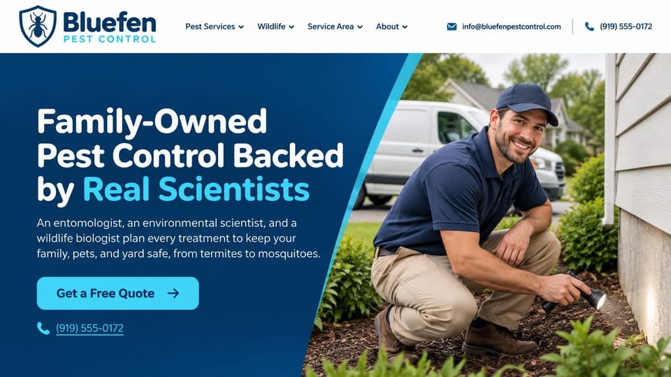 Pest control website design, family-owned pest control led by scientists: white header, a deep blue angled panel with a white and turquoise headline, a turquoise quote button, a smiling technician in a navy cap crouching with a flashlight by a house