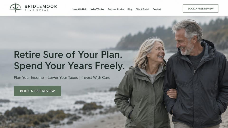 Financial advisor website design, retirement income planning on a misty coast: misty full-width photo of an older couple in rain jackets on a rocky shore, dark green sans serif headline and a sage review button