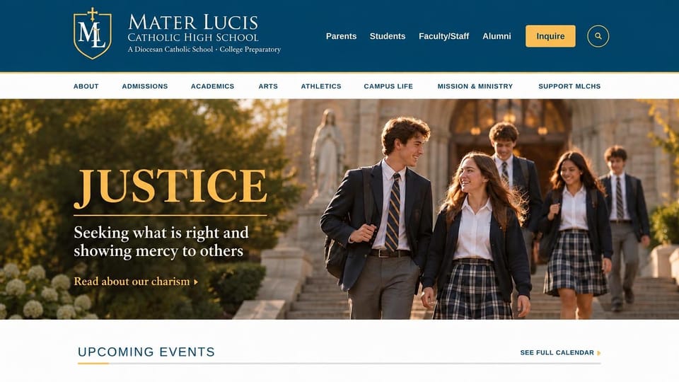 School website design, catholic high school with events below the hero: navy header with a crest, a large gold serif word over students walking past a statue, an upcoming events strip below