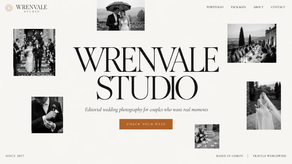 Wedding photographer website design, destination photographer with scattered black and white prints: ivory page, a huge black serif wordmark in the center, small black-and-white wedding photos scattered around it, an italic tagline and a terracotta button