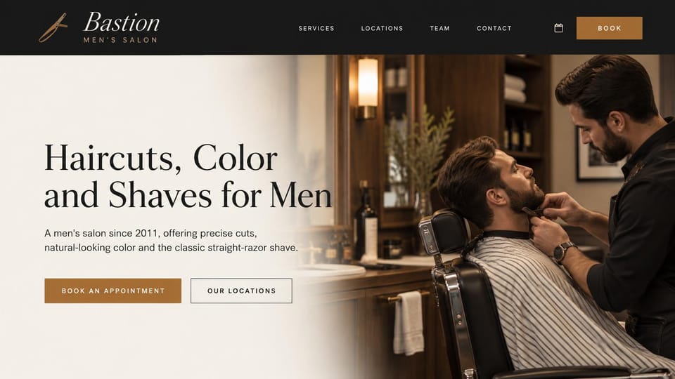 Salon website design, men's salon for cuts, color and shaves: charcoal header, cream panel with a serif headline beside a barber trimming a beard in a wood-paneled shop