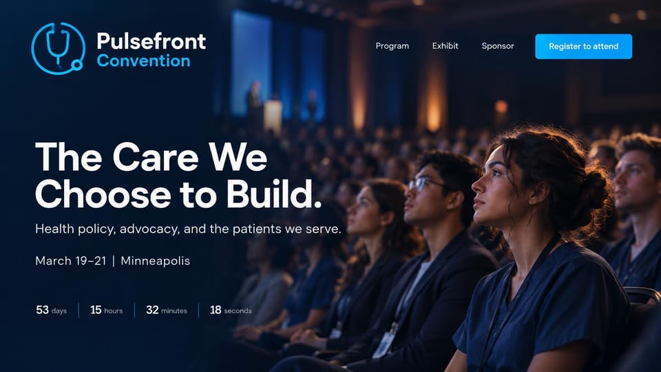 Event website design, healthcare convention with a mission headline: dark navy photo of an audience in scrubs watching a stage, white headline, cyan register button, countdown row