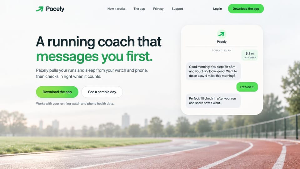 Mobile app website design, running coach shown as a chat: pale running track photo, black and green headline, a green button and a chat card