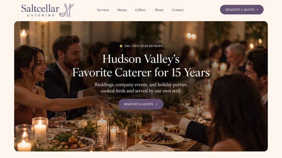 Catering website design, established caterer with reviews above the headline: cream page with a rounded photo of a candlelit dinner party, a centered white serif headline and purple pill buttons