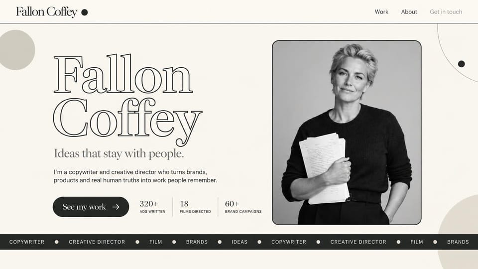 Writer website design, advertising copywriter and creative director in outline type: warm off-white page, a huge outlined serif name, a gray serif tagline, a charcoal pill button, three stats and a black and white portrait of a woman holding papers above a dark ticker band