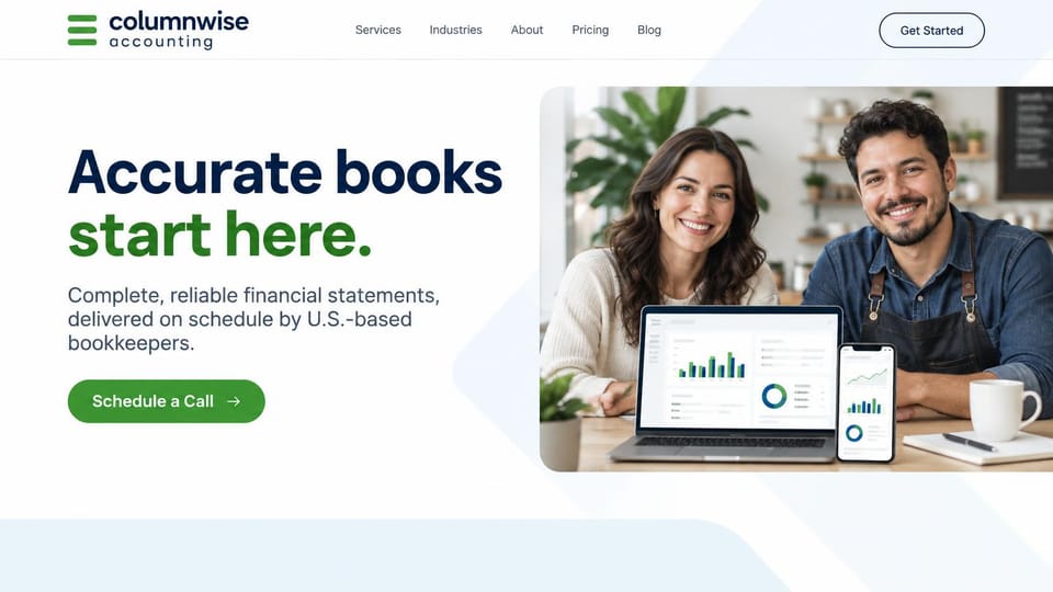 Accounting website design, bookkeeping for owner-run shops, bright and simple: white page, a navy and green headline, a green schedule a call button and two smiling café owners behind a laptop and phone of charts