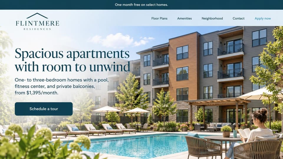 Apartment website design, suburban apartments with the pool and rent up front: navy offer bar, a large navy serif headline over a sunny pool deck with loungers and umbrellas before a four-story building, a resident reading by the water