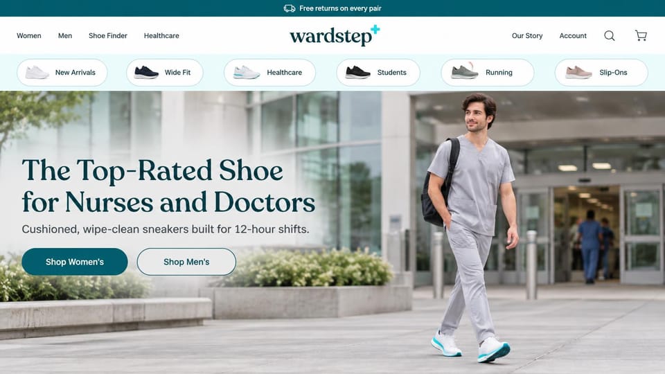 Fashion website design, work shoes for nurses with category pills: teal top bar, a row of category pills with shoe thumbnails, a man in gray scrubs walking out of a hospital in white sneakers, a dark teal serif headline and teal buttons