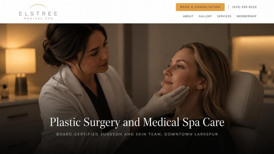 Spa website design, plastic surgery and med spa in one practice: white header with an amber consultation button, a clinician in a white coat holding a client's jaw, a centered serif headline