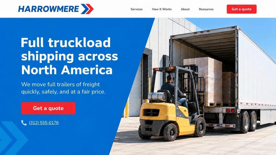 Logistics website design, full truckload carrier with a forklift at the trailer: bright blue diagonal panel with faint chevrons, a yellow forklift loading wrapped pallets into a white trailer at a dock under blue sky, bold white headline, red quote buttons