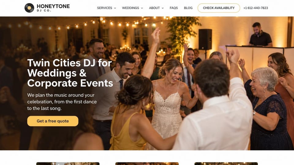 DJ website design, wedding and corporate DJs on a warm dance floor: white menu bar with an outlined availability button, a warm photo of a bride dancing with guests and a DJ booth behind, a bold white headline and a gold button