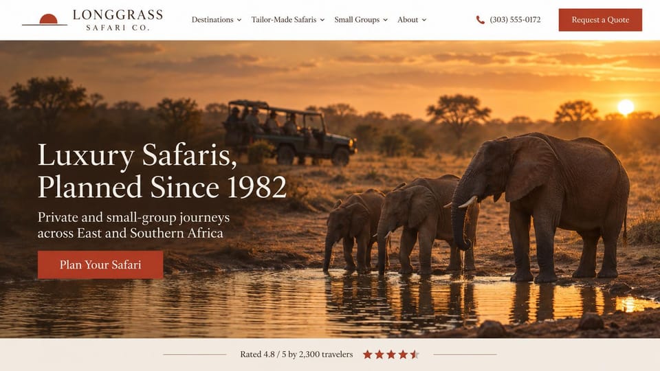 Travel agency website design, luxury safaris with elephants at the waterhole: ivory header with a rust quote button, sunset photo of elephants drinking at a waterhole with a safari vehicle behind, large white serif headline at the left, pale rating strip below