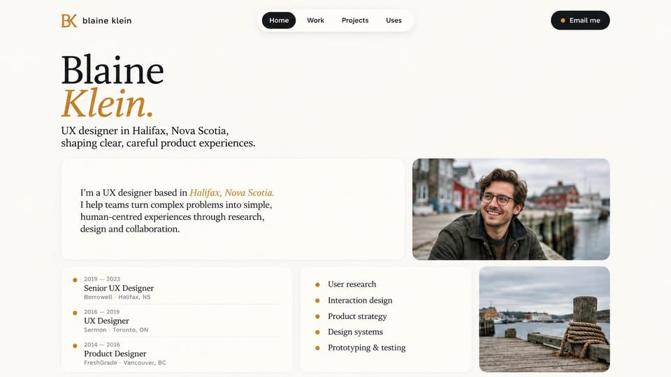 Personal website design, uX designer with a resume on the homepage: ivory page, a gold and black serif name above cards with a portrait, a role timeline, skills and harbor photos