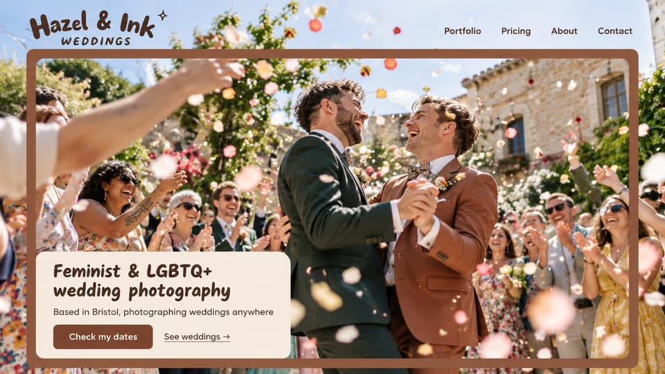 Photography website design, inclusive wedding photography, warm and joyful: cream and terracotta, two grooms dancing under confetti in a rounded frame, a brown check my dates button