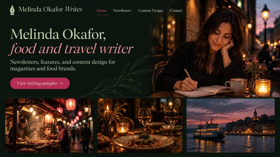 Writer website design, food and travel writer with a row of trip photos: deep green page, a cream serif name with a rose italic job title, a rose samples button, a woman writing in a notebook at a candlelit café, three photos of street food, dinner and a harbor at dusk