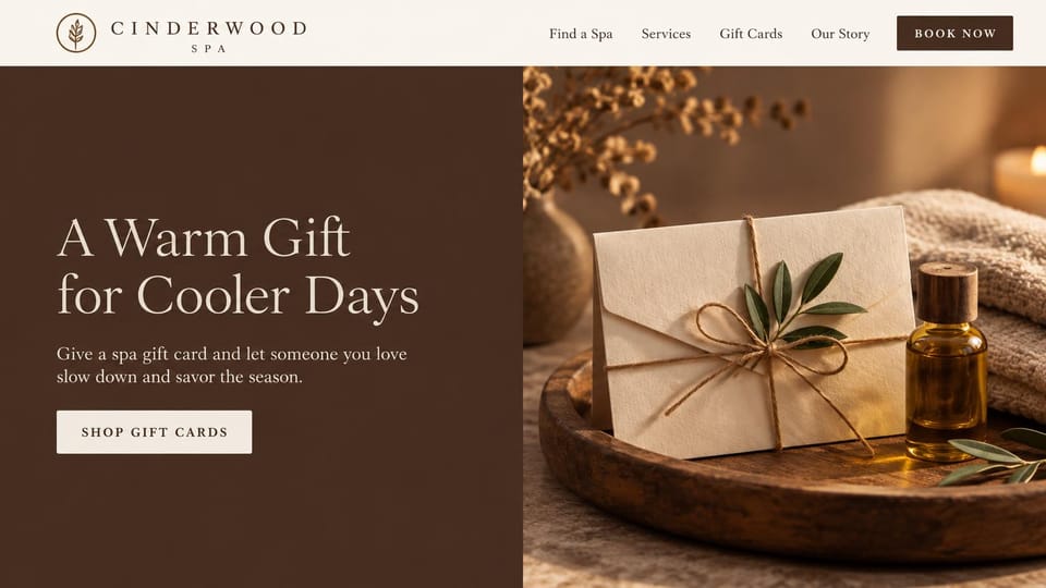 Salon website design, spa with a seasonal gift card hero: deep brown and cream, a wrapped gift card on a wooden tray beside spa oils