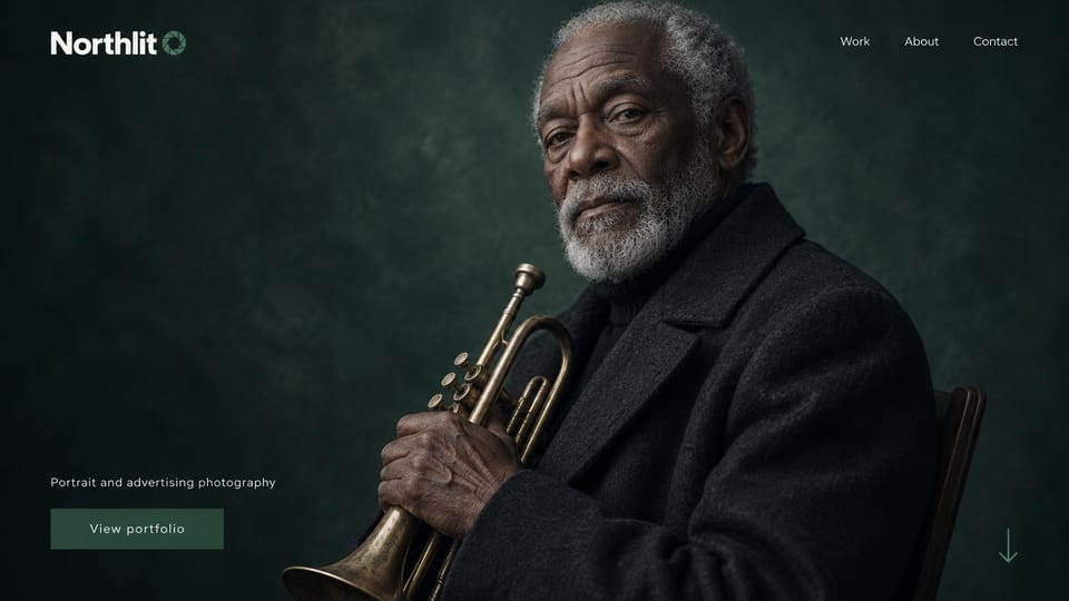 Photography website design, portrait and advertising, dark and painterly: deep green and charcoal, a portrait of an older man holding a trumpet, small text and a green portfolio button