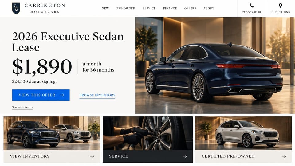 Car dealership website design, luxury dealer with a lease offer up front: ivory and black with blue buttons, a serif lease offer beside a navy sedan in a sunlit showroom, three photo tiles below