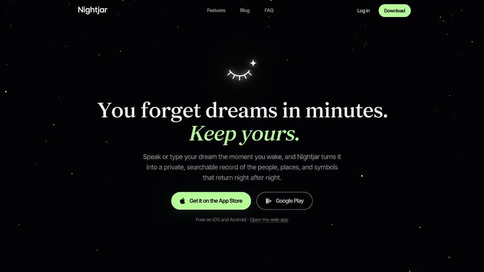 Mobile app website design, dream journal under a night sky: black starry page, white serif headline with a green italic second line and two store buttons