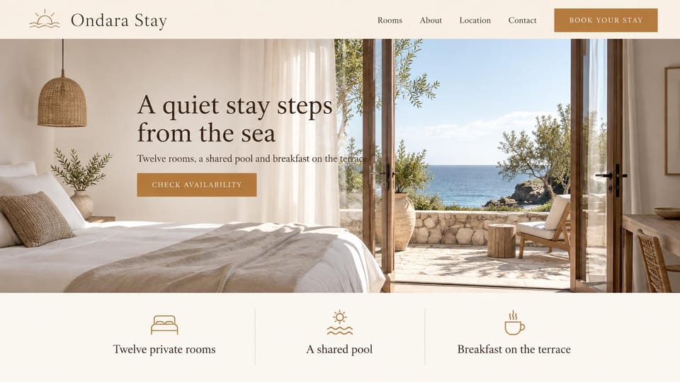 Hotel website design, seaside guesthouse with three amenities: a bright bedroom opening to a terrace and the sea, a cream panel below with three small amenity icons
