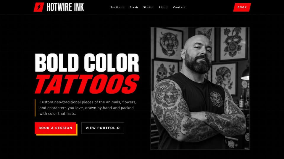 Tattoo website design, neo-traditional artist in bold red and white: black page, a red bolt logo, huge white and red italic capitals, red and outlined buttons, a black and white photo of a bearded tattooed artist with arms crossed