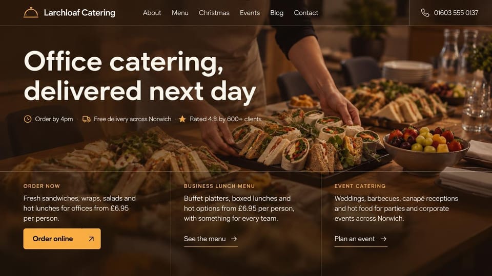 Catering website design, next-day office lunches with three ways to order: dark amber photo of a caterer laying out sandwich and wrap platters, bold white headline, a row of small facts, three bordered panels with a yellow order button