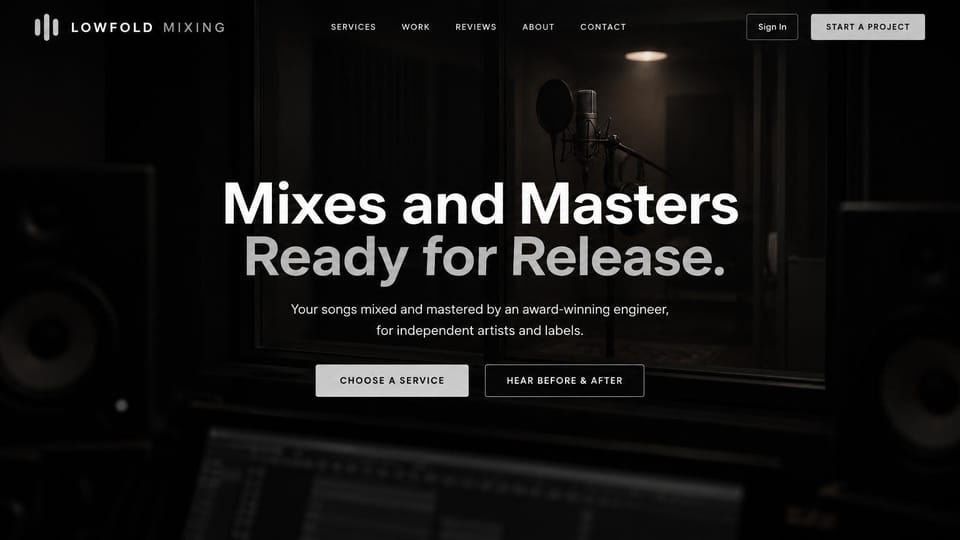Recording studio website design, solo mixing engineer with one clear promise: dim, nearly black and white photo of a vocal booth with a microphone and pop filter, bold white and gray headline, light and outlined buttons