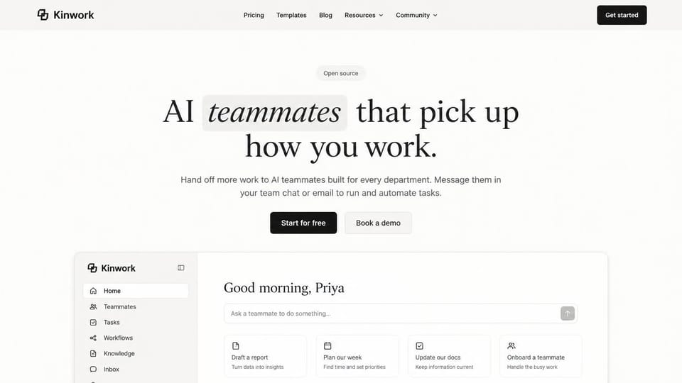 AI startup website design, open source AI teammates with the app below: off-white page, a large black serif headline with an italic word on a gray chip, black and gray buttons and a clean app screen with task cards
